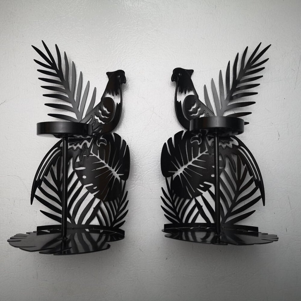 PartyLite Twilight Shadows Black Votive Holders w/ Tropical Bird/Leaf Set of 2